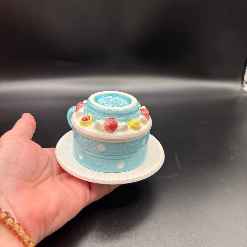 Russ Happy Birthday Cake Tea Coffee Cup with Handle & Saucer Decorated Gift Blue